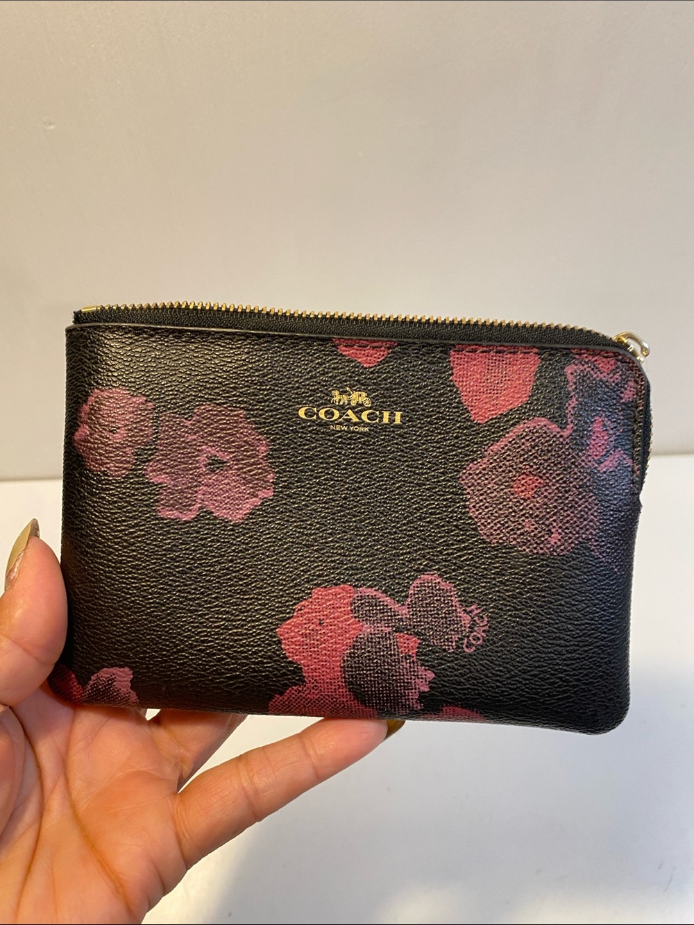 Coach Small Black Pebble Leather Zip Pouch with Pink Floral Print